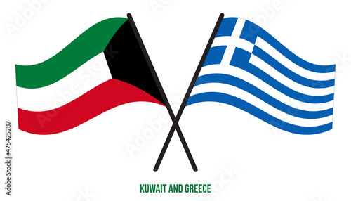 Kuwait and Greece Flags Crossed And Waving Flat Style. Official Proportion. Correct Colors.