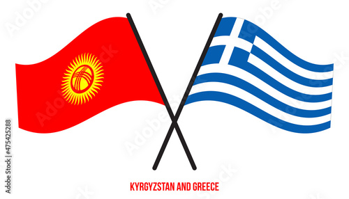 Kyrgyzstan and Greece Flags Crossed And Waving Flat Style. Official Proportion. Correct Colors.