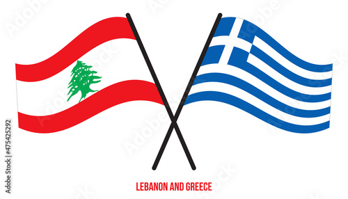 Lebanon and Greece Flags Crossed And Waving Flat Style. Official Proportion. Correct Colors.