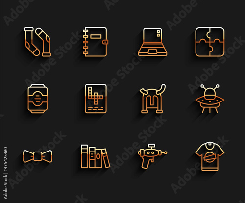 Set line Bow tie, Book, Socks, Ray gun, T-shirt, Crossword, UFO flying spaceship and Viking horned helmet icon. Vector