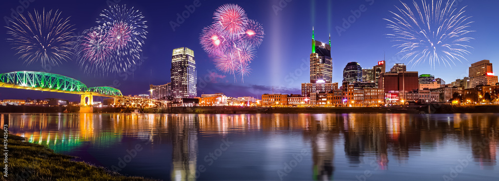 Nashville skyline with fireworks