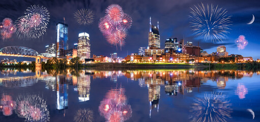 Nashville Skyline by river front with fireworks