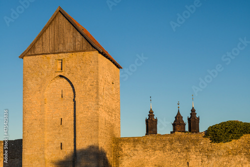 Sweden, Gotland Island, Visby, 12th century city wall, most complete medieval city wall in Europe, Osterport Tower, dawn photo