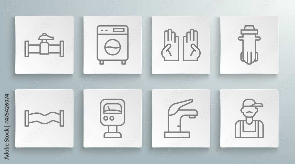 Set line Industry metallic pipe, Washer, Pressure water meter, Water tap, Plumber, Rubber gloves, filter and and valve icon. Vector Set line Industry metallic pipe, Washer, Pressure water meter, Water tap, Plumber, Rubber gloves, filter and and valve icon. Vector