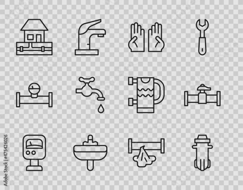 Set line Pressure water meter, Water filter, Rubber gloves, Washbasin, supply pipes, tap, Broken and Industry and valve icon. Vector