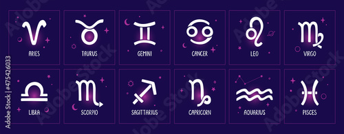 Fotografiet Set of cards, banners or stickers with zodiac symbols