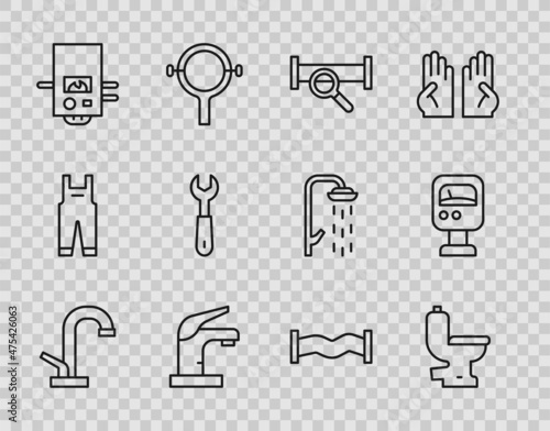 Set line Water tap, Toilet bowl, Industry metallic pipe, Gas boiler, Wrench spanner, and Pressure water meter icon. Vector