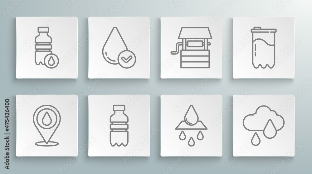 Set line Water drop with location, Bottle of water, Recycle clean aqua, Cloud rain, Well bucket, filter cartridge and icon. Vector Set line Water drop with location, Bottle of water, Recycle clean aqua, Cloud rain, Well bucket, filter cartridge and icon. Vector
