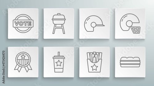 Set line Medal with star, Barbecue grill, Paper glass straw, Potatoes french fries in box, Sandwich, Baseball helmet, American football and Vote icon. Vector