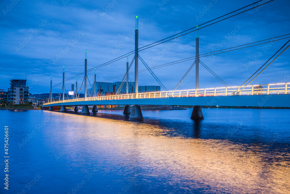 Sweden, Lake Vattern Area, Jonkoping, Munksjon Bay Bridge, dusk