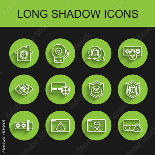Set line Password protection, Browser with exclamation mark, House under, incognito window, Credit card, shield, System bug and Shield check icon. Vector