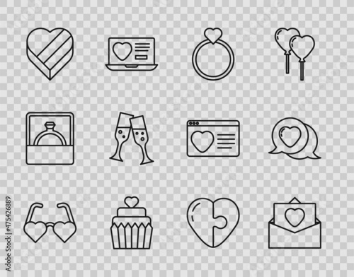Set line Heart shaped love glasses, Envelope with Valentine heart, Wedding rings, cake, Candy box, Glass of champagne, and speech bubble icon. Vector