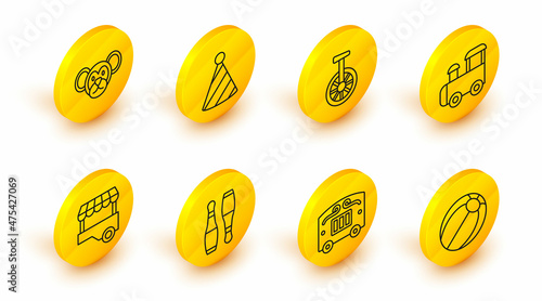 Set line Beach ball, Circus wagon, Bowling pin, Fast street food cart, Toy train, Unicycle or one wheel bicycle, Party hat and Monkey icon. Vector