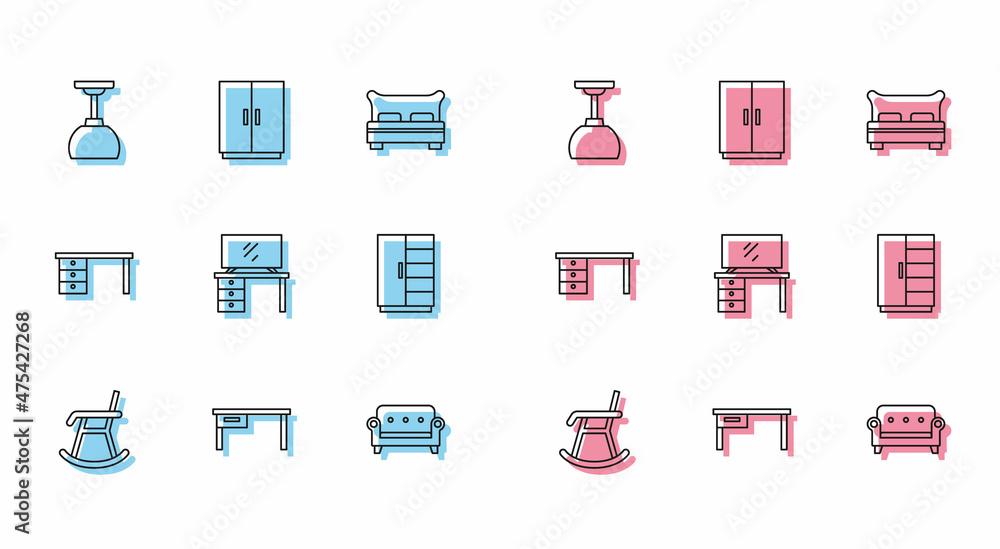 Set line Armchair, Office desk, Lamp hanging, Sofa, TV table stand, Wardrobe, and icon. Vector Set line Armchair, Office desk, Lamp hanging, Sofa, TV table stand, Wardrobe, and icon. Vector