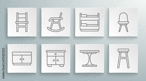 Set line Chest of drawers, Armchair, Furniture nightstand, Round table, Chair, Bunk bed, and icon. Vector