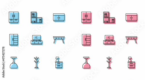 Set line Lamp hanging, Coat stand, Wardrobe, Furniture nightstand with lamp, TV table, Office desk, and Shelf books icon. Vector