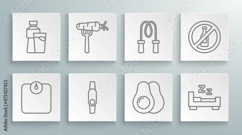Set line Bathroom scales, Carrot on fork, Smartwatch, Avocado fruit, Time to sleep, Jump rope, No alcohol and Bottle of water with glass icon. Vector