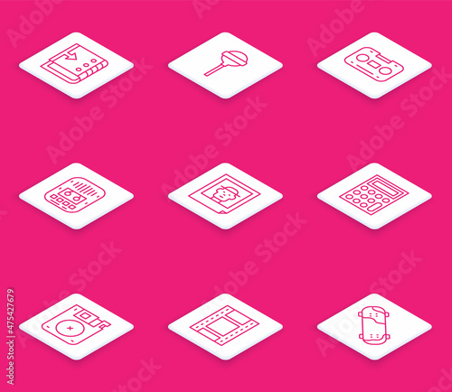 Set line Sound mixer controller, Lollipop, Retro audio cassette tape, Cassette player, Photo, Calculator, Floppy disk and Play Video icon. Vector