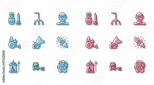 Set line Elevator for disabled, Disabled car, Syringe, Hearing aid, Guide dog, Joint pain, knee pain, Electric wheelchair and Walking stick cane icon. Vector