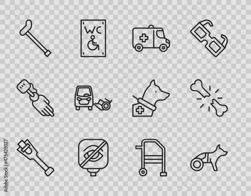 Set line Prosthesis leg, Dog in wheelchair, Emergency car, Blindness, Walking stick cane, Disabled, Walker and Human broken bone icon. Vector