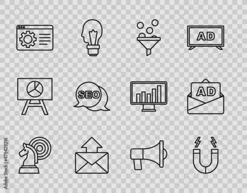 Set line Chess, Magnet, Lead management, Mail and e-mail, Browser setting, SEO optimization, Megaphone and Advertising icon. Vector