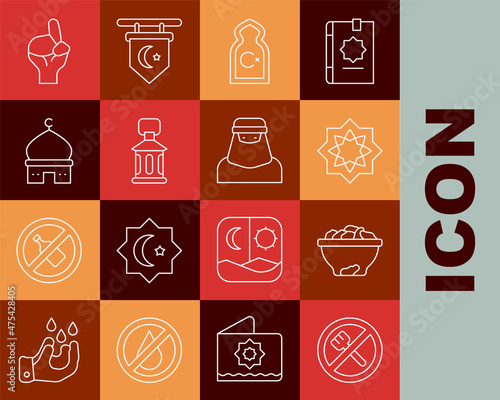 Set line Ramadan fasting, Date fruit bowl, Octagonal star, Muslim Mosque, Kareem lantern, Hands praying position and woman niqab icon. Vector