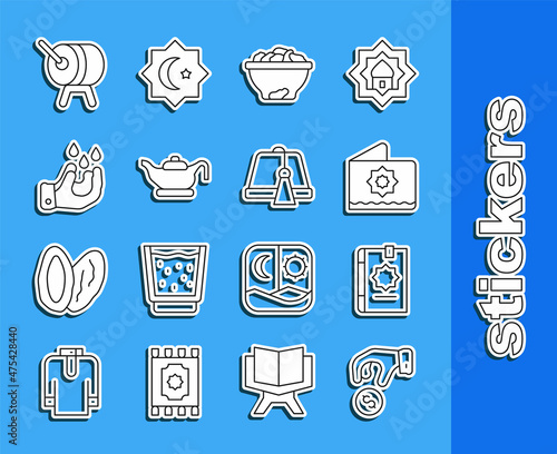 Set line Donate or pay your zakat, Holy book of Koran, Octagonal star, Date fruit in bowl, Oil lamp, Wudhu, Ramadan drum and Turkish hat icon. Vector