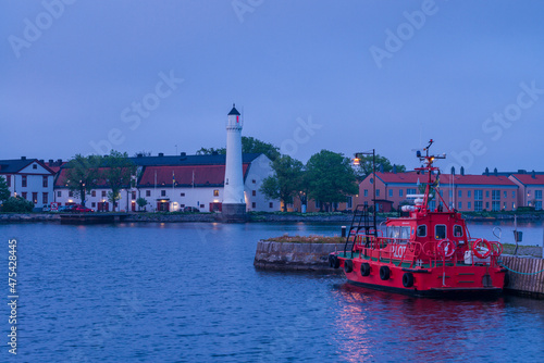 Southern Sweden, Karlskrona, Stumholmen Island, lighthouse and historic naval base, dusk photo