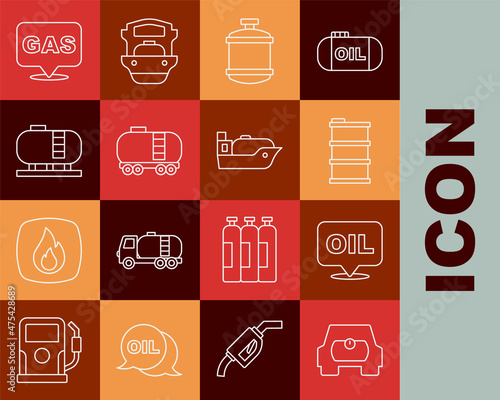 Set line Gas tank for vehicle, Word oil, Barrel, Propane gas, Oil railway cistern, storage, Location and station and tanker ship icon. Vector