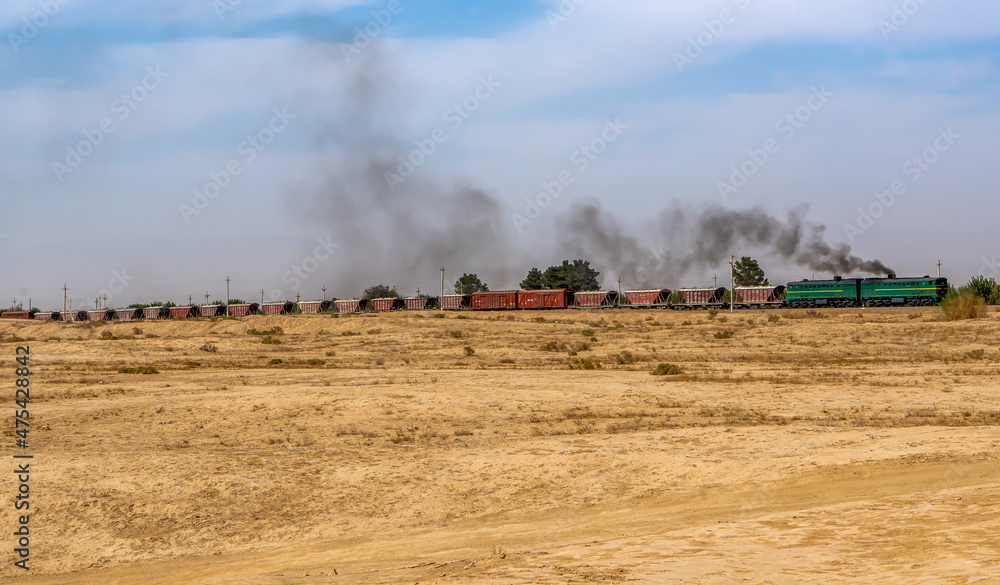 Fototapeta premium Uzbekistan, marchandise train near the city of Termiz (Termez) 
