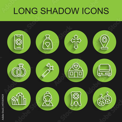 Set line Gem stone, Consultant of jewelry store, Jewelry online shopping, Tooth with diamond, Earrings, Jewelers lupe, Electronic scales and icon. Vector