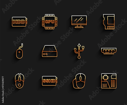 Set line Computer mouse, SSHD card, Hard disk drive HDD, Motherboard digital chip, Server, Data, Web Hosting, RAM, random access memory and USB icon. Vector