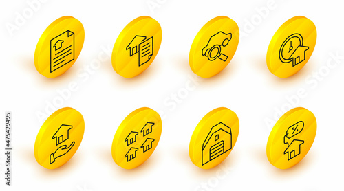 Set line House with percant, Garage, Real estate, Realtor, Time is money, Car sharing, contract and icon. Vector