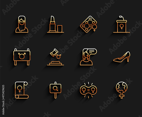 Set line Feminism, Feminist activist, Muslim woman hijab, Gender equality, the world, Female rights, Woman shoe and opinion icon. Vector