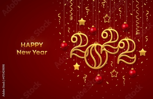 Happy New 2022 Year. Hanging Golden metallic numbers 2022 with shining 3D metallic stars  balls and confetti on red background. New Year greeting card  banner template. Realistic Vector illustration.