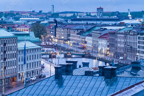 Sweden, Vastragotland and Bohuslan, Gothenburg, elevated city view, by the Stora Hamnkanalen canal, dusk photo