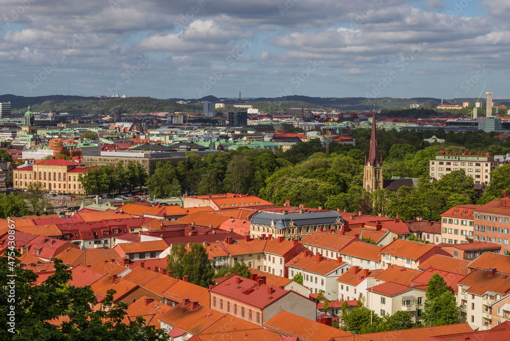 Sweden, Vastragotland and Bohuslan, Gothenburg, high angle city view from the Skansparken, late afternoon