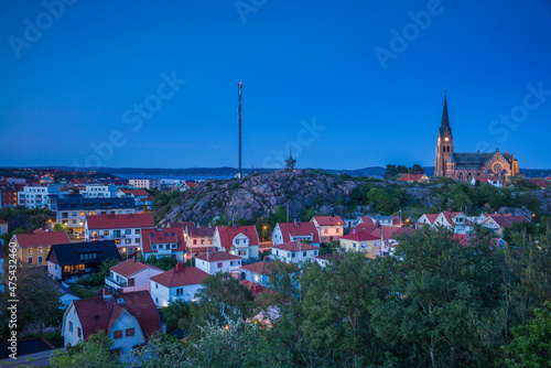 Sweden, Bohuslan, Lysekil, high angle view of the Lysekil church and town, dusk (Editorial Use Only)