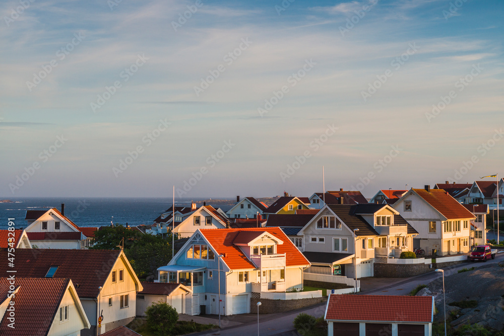 Sweden, Bohuslan, Smogen, view of the town and harbor, high angle view, sunset