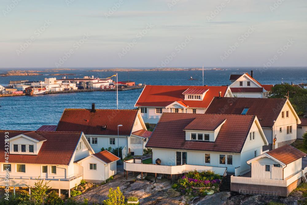 Sweden, Bohuslan, Smogen, view of the town and harbor, high angle view, sunset