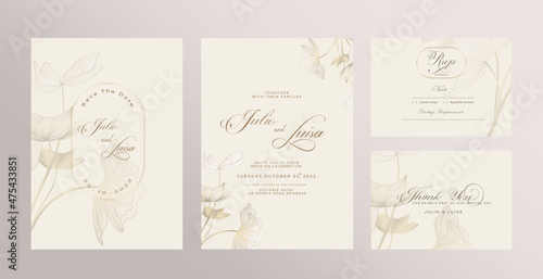 Wedding Invitation Set with Save the Date, RSVP, Thank You Card. Vintage Wedding invitation template with Golden Flower photo