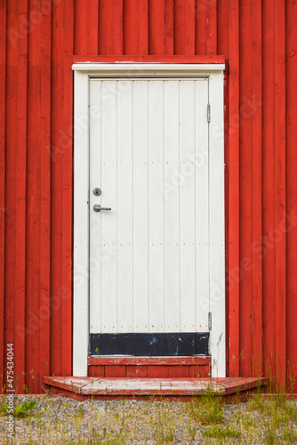 Sweden, Bohuslan, Tjarno Island, Tjarno, red fishing shack door photo