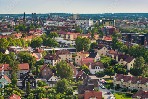 Sweden, Narke, Orebro, Svampen water tower, first mushroom shaped water tower in Sweden, built 1958, town view from the outdoor deck photo