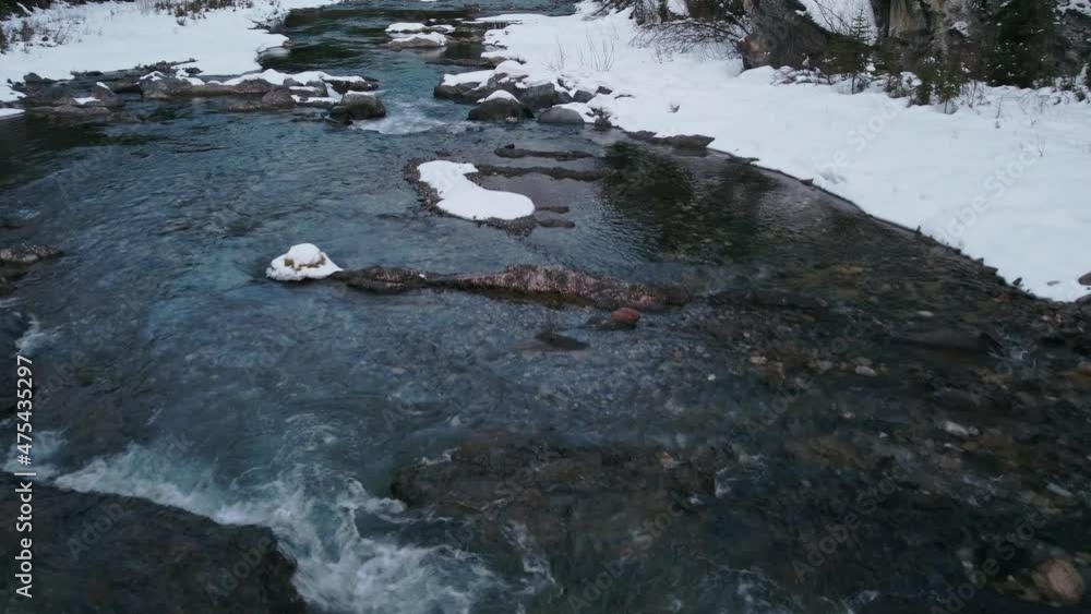 Creek in mountain forest downstream winter tilt Creek in mountain forest downstream winter tilt