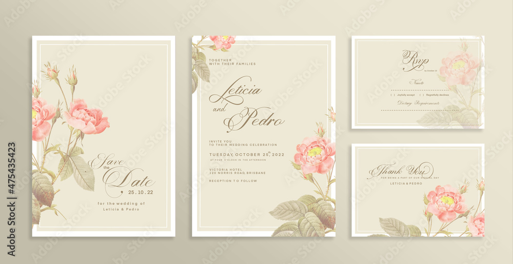 Wedding Invitation Set with Save the Date, RSVP, Thank You Card. Vintage Wedding invitation template with Orange Flower