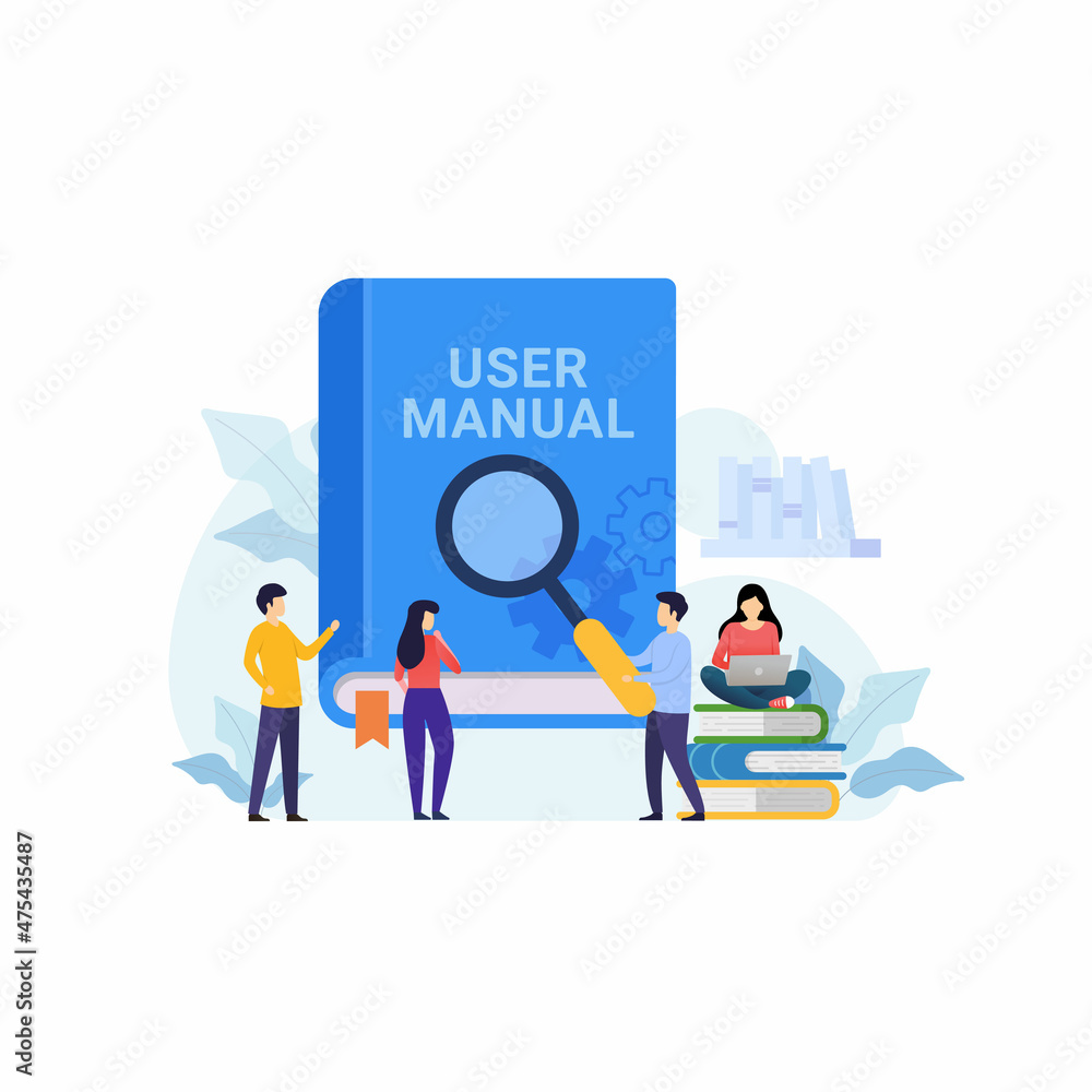 User manual book design concept with tiny people vector illustration User manual book design concept with tiny people vector illustration