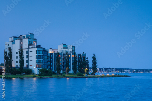 Sweden  Vastmanland  Vasteras  new residential buildings of the Munkangen harbor  dusk  Editorial Use Only 
