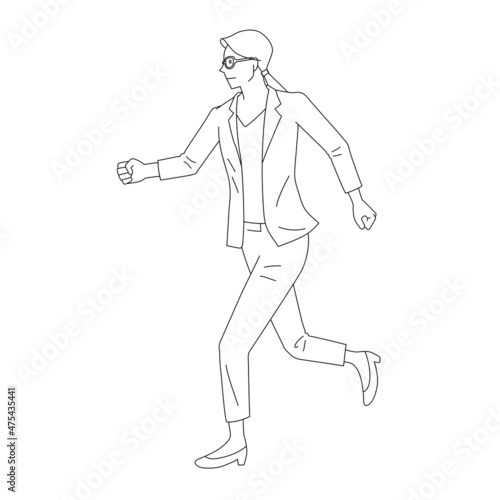 Illustration of a running businesswoman with glasses(white background, vector, cut out, line art)