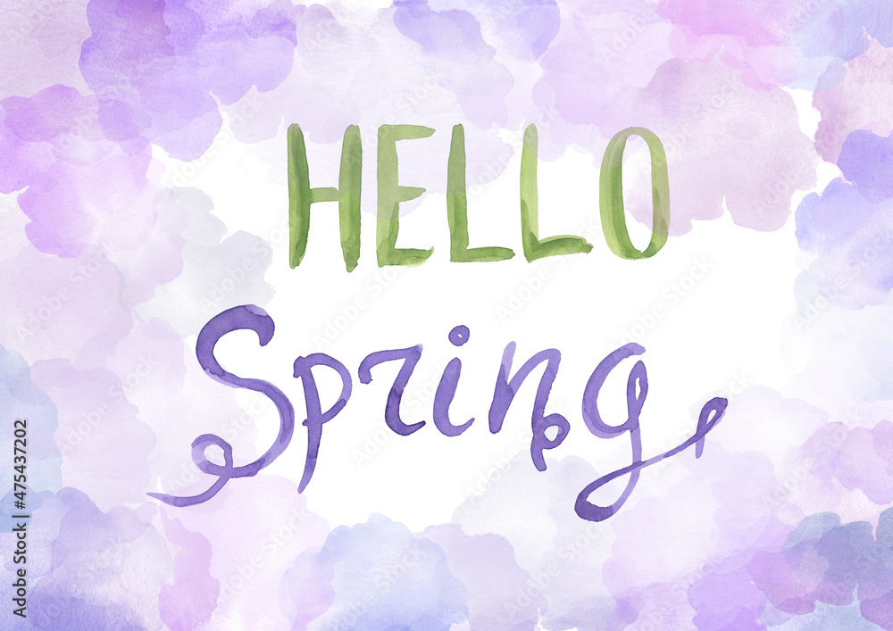 Hello Spring hand drawn phrase. Green and violet lettering on Watercolor purple background. Lettering spring season with blots for greeting card and posters template