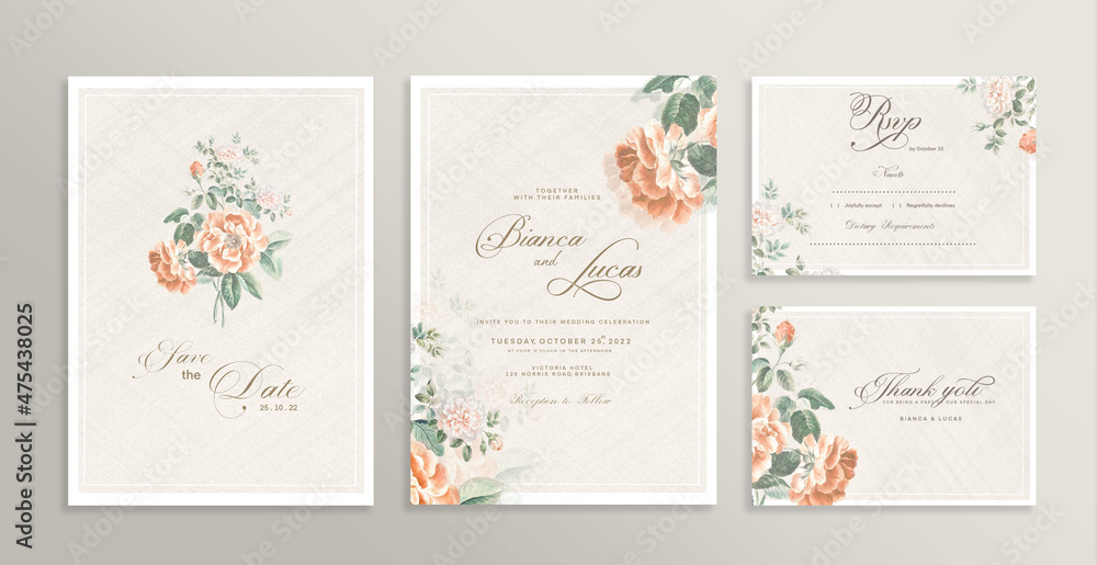 Wedding Invitation Set with Save the Date, RSVP, Thank You Card. Vintage Wedding invitation template with Orange Rose